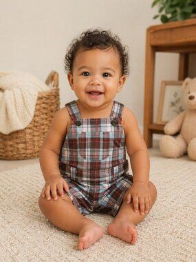 Gymboree Baby Boy Plaid Shortall Overalls 6-12 Months Brown Blue Red Gently Used